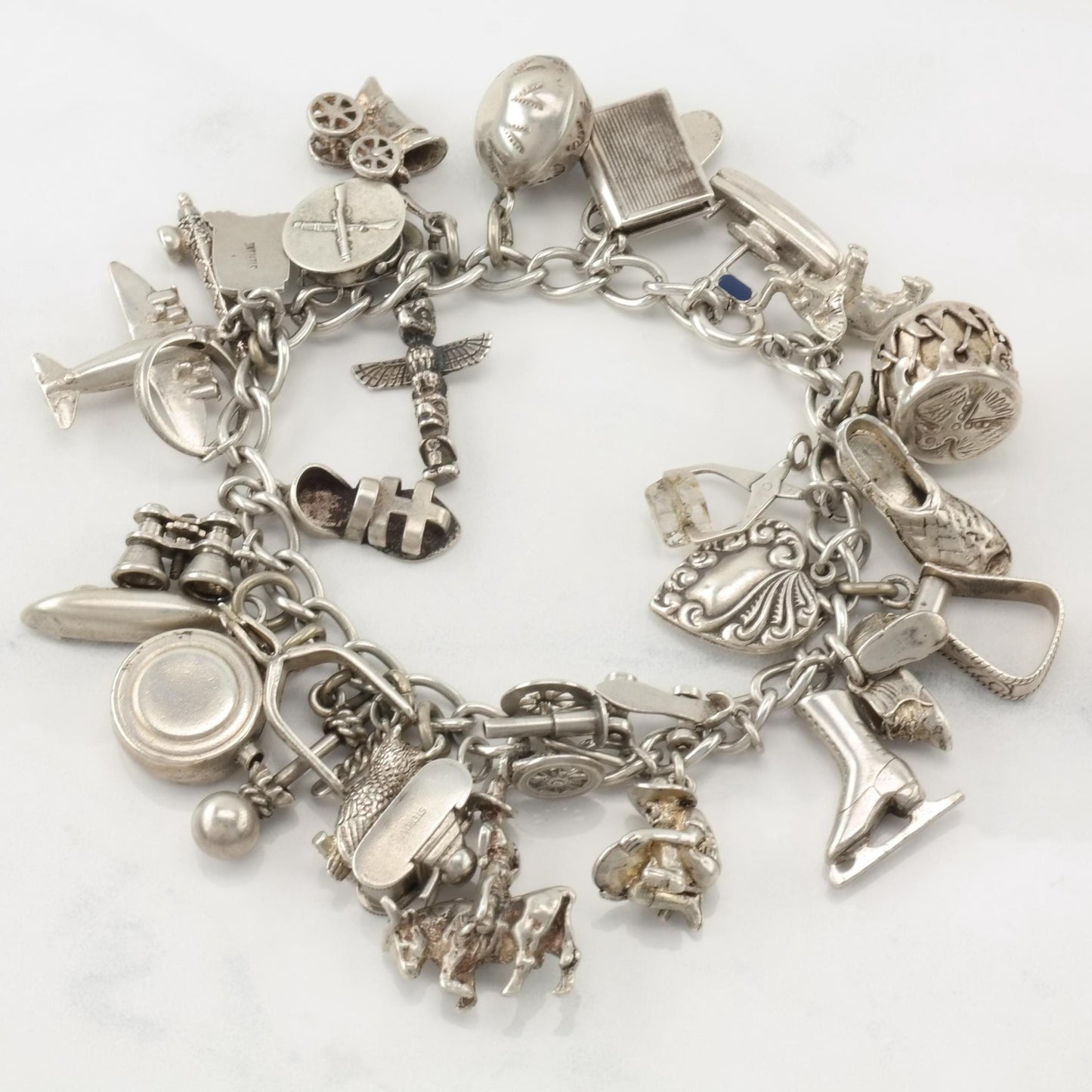 WWII Era Sterling Silver 32 Charms Bracelet Western, Military & Misc