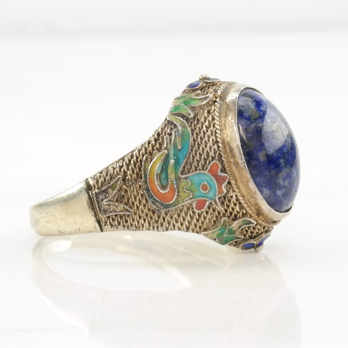 Antique Chinese Ring Lapis Lazuli Enamel, Chicken, Filigree Sterling Silver Size 9 - 9 1/2