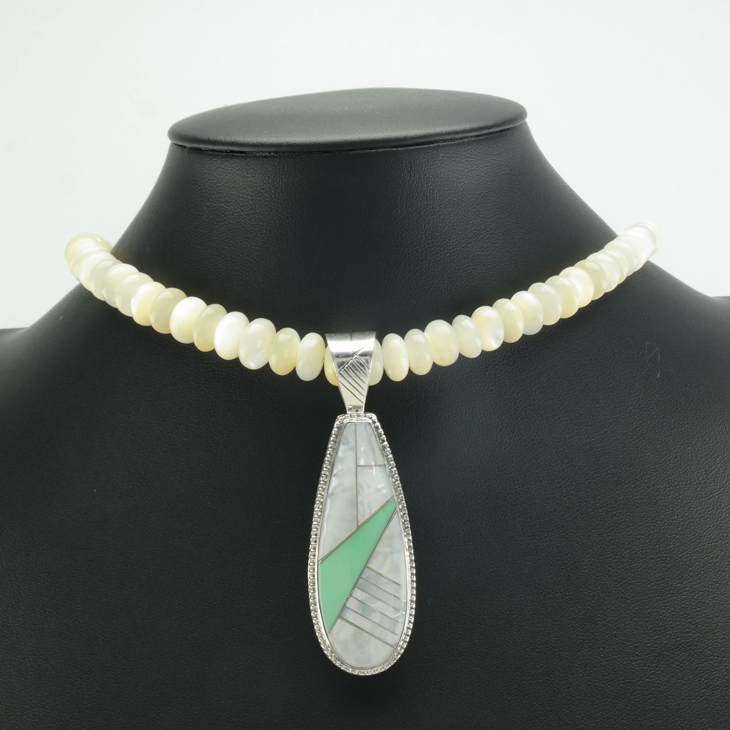 Vintage Turquoise, MOP Inlay, Bead, Reversible Necklace Sterling Silver
