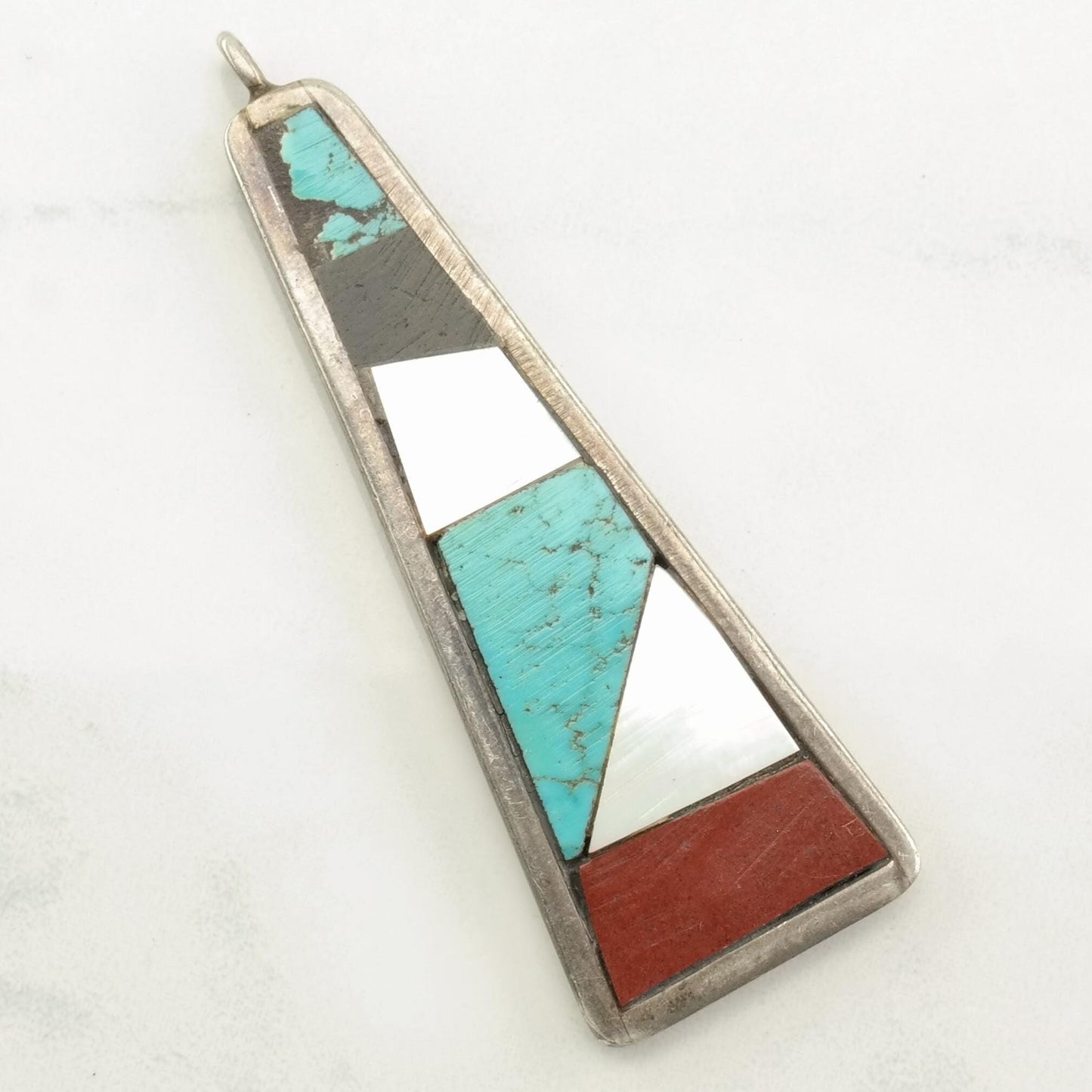 Vintage Native American MOP, Jet, Turquoise, Coral Inlay Sterling Silver Pendant