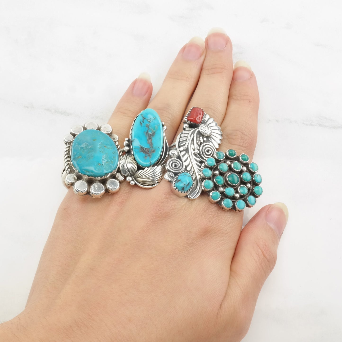 Vintage Native American Turquoise Cluster Ring, Sterling Silver, Size 8 1/2, Circa 1970s