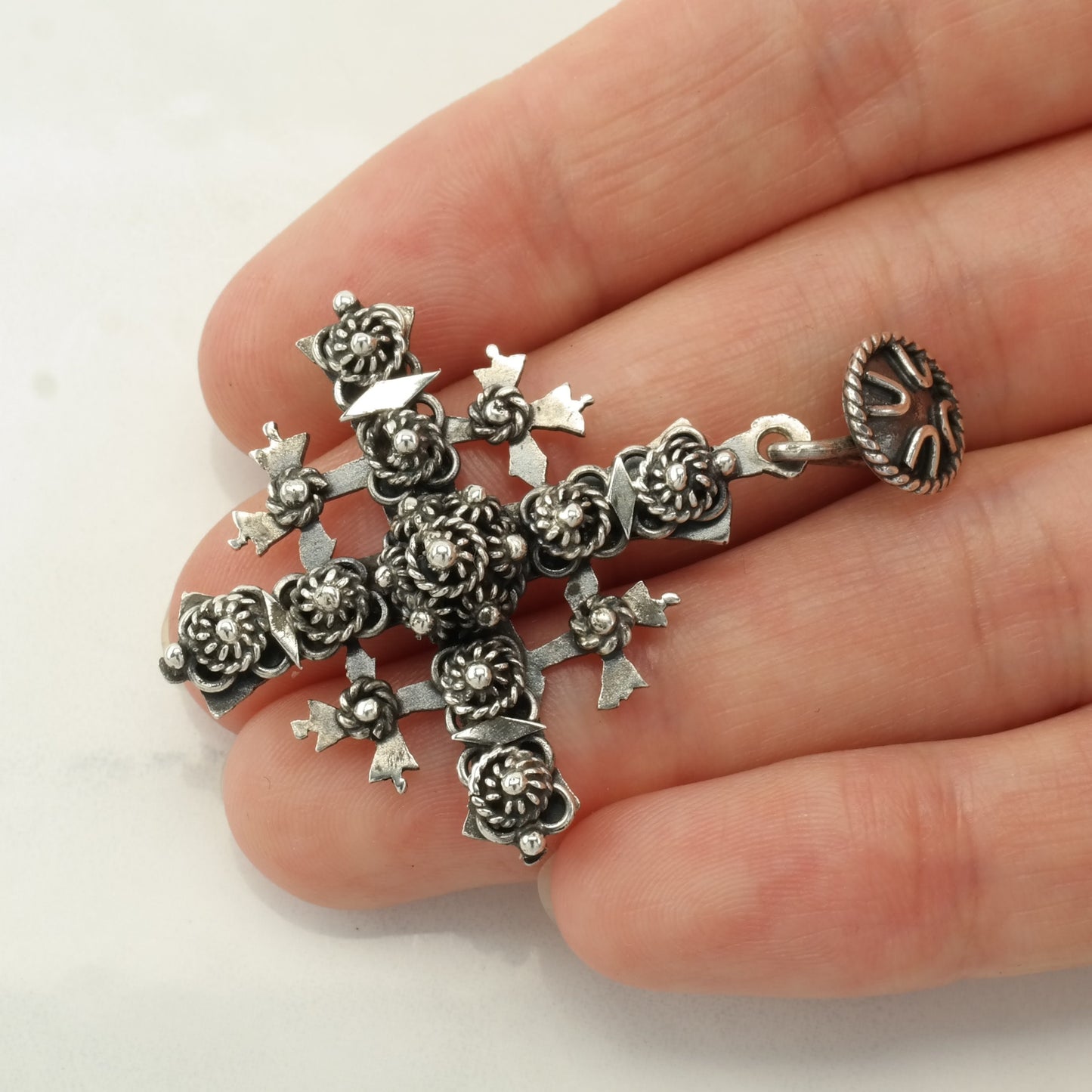 Vintage Jerusalem Cross Cannetille Sterling Silver Pendant