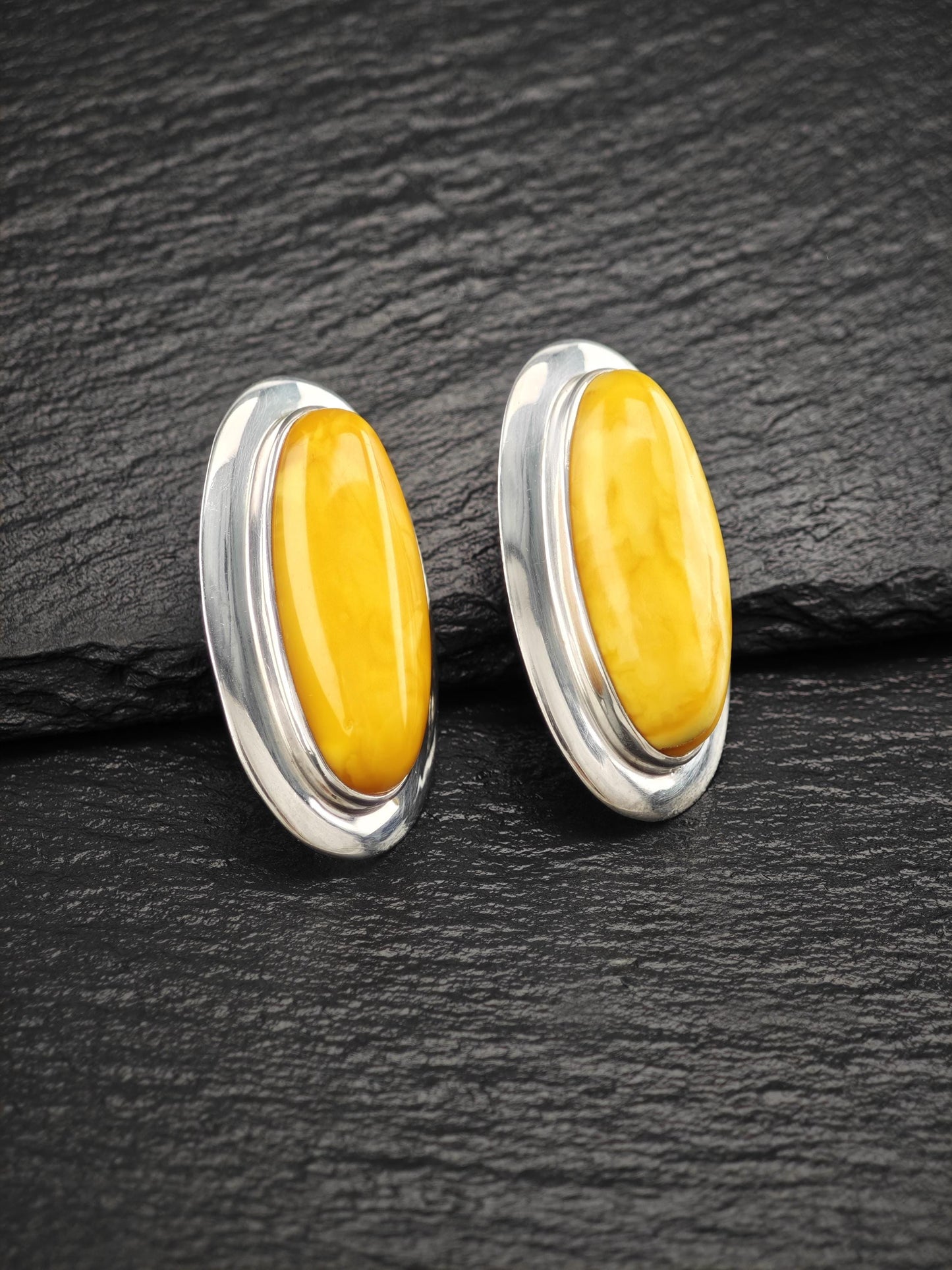 Large Oval Sterling Silver Butterscotch Amber StudClip-On Earrings MODERNIST Design
