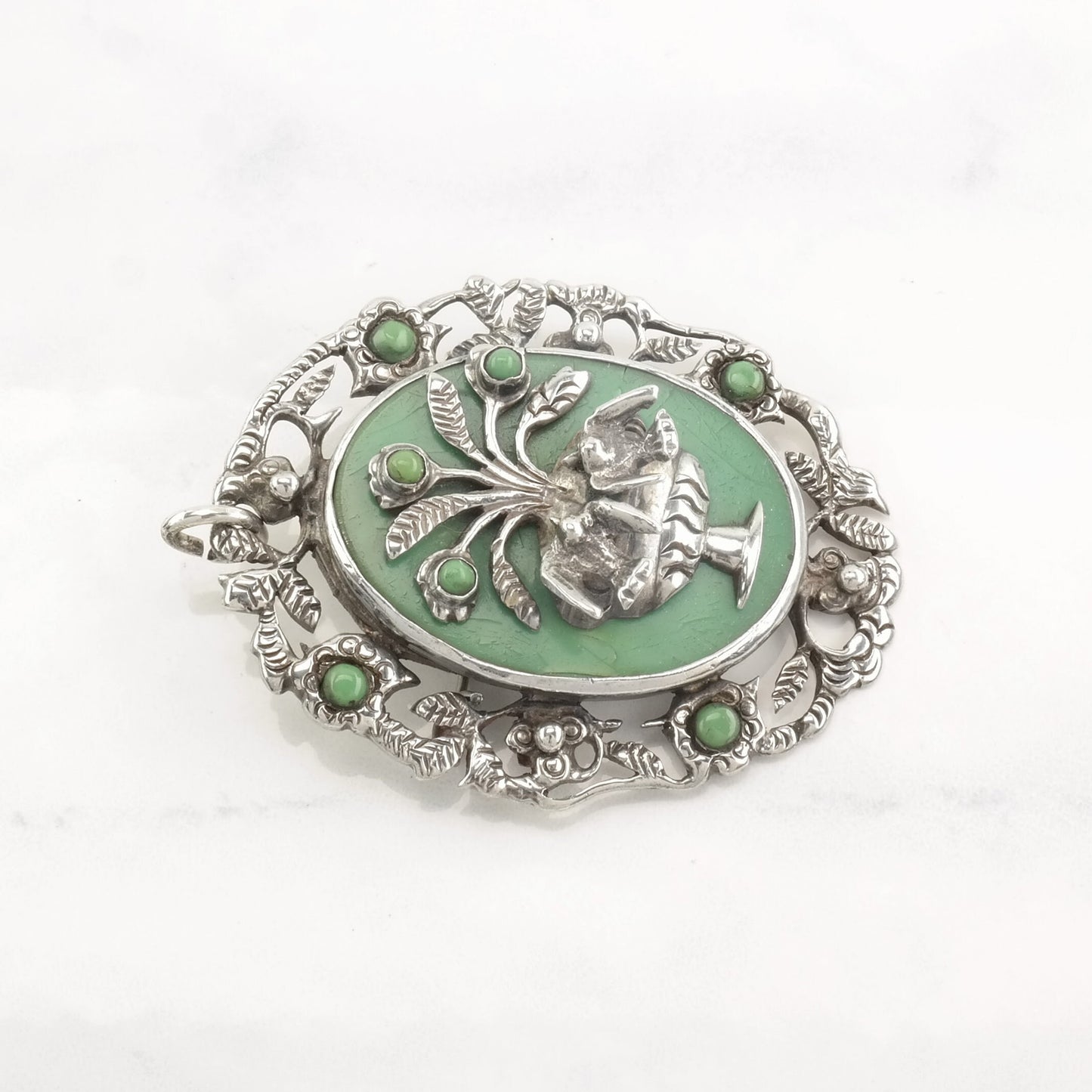 Pre Eagle Taxco Pendant Brooch Faux Turquoise Floral, Bird, Fountain Sterling Silver