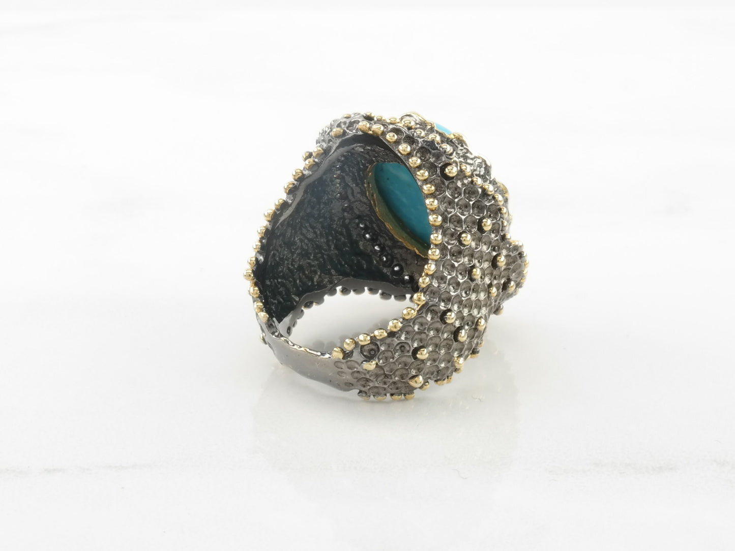 Vintage JAS Sterling Silver Ring Turquoise Diamond Blue Oval Textured Size 7 1/4