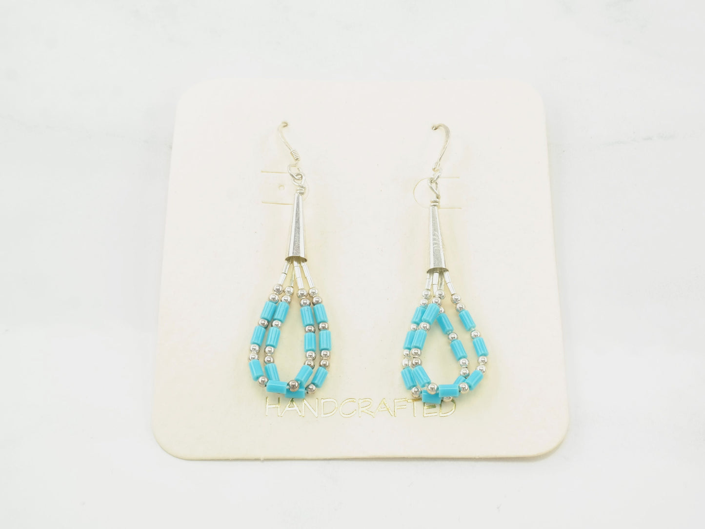Southwestern Blue Block Liquid Turquoise Bead Earrings Sterling Silver Dangle Fish Hook