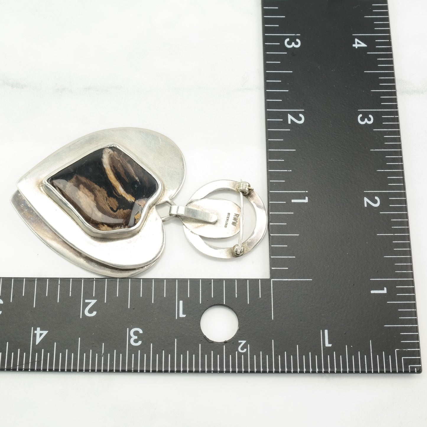 RWW Sterling Silver Heart Brooch with Brown Petrified Wood, Reversible B1537