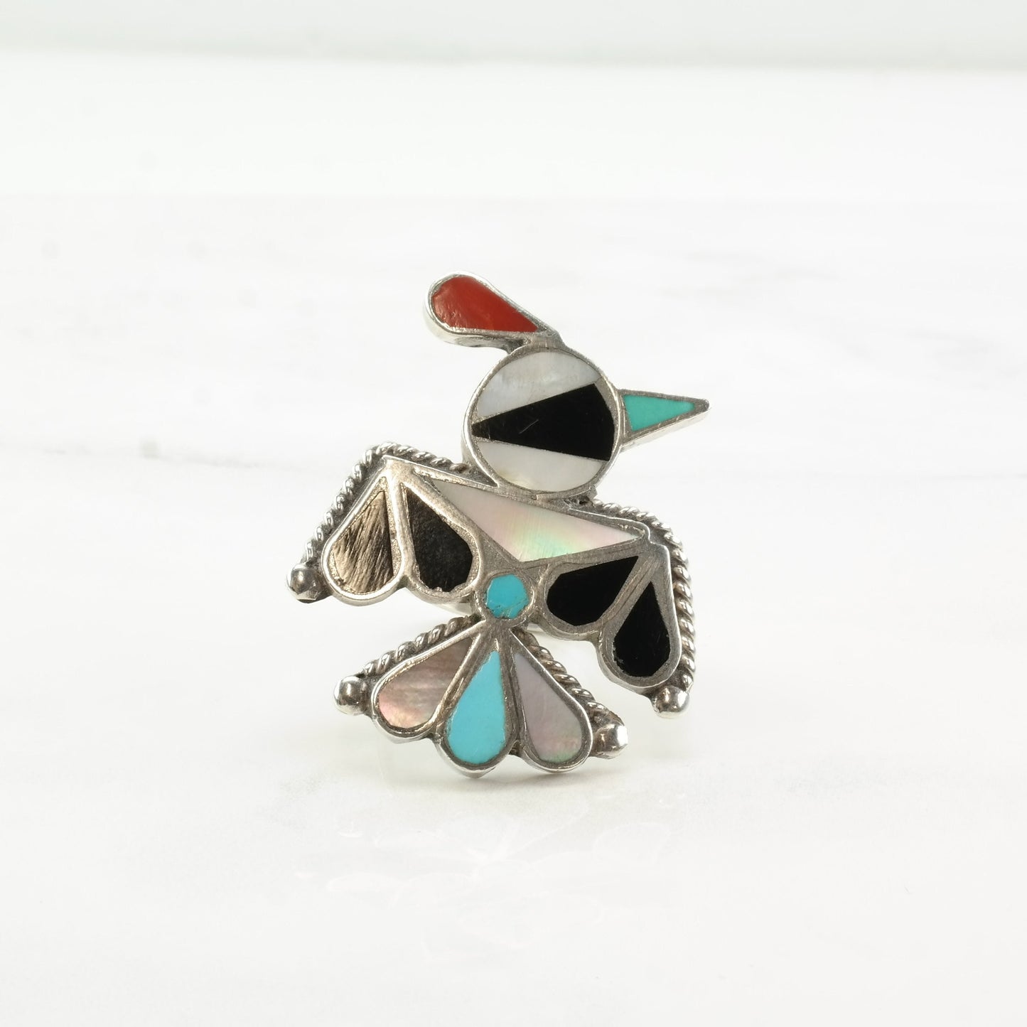 Vintage Zuni Sterling Silver Thunderbird Ring with Multi-Stone Inlay, Size 7, Attributed to Bobby Shack