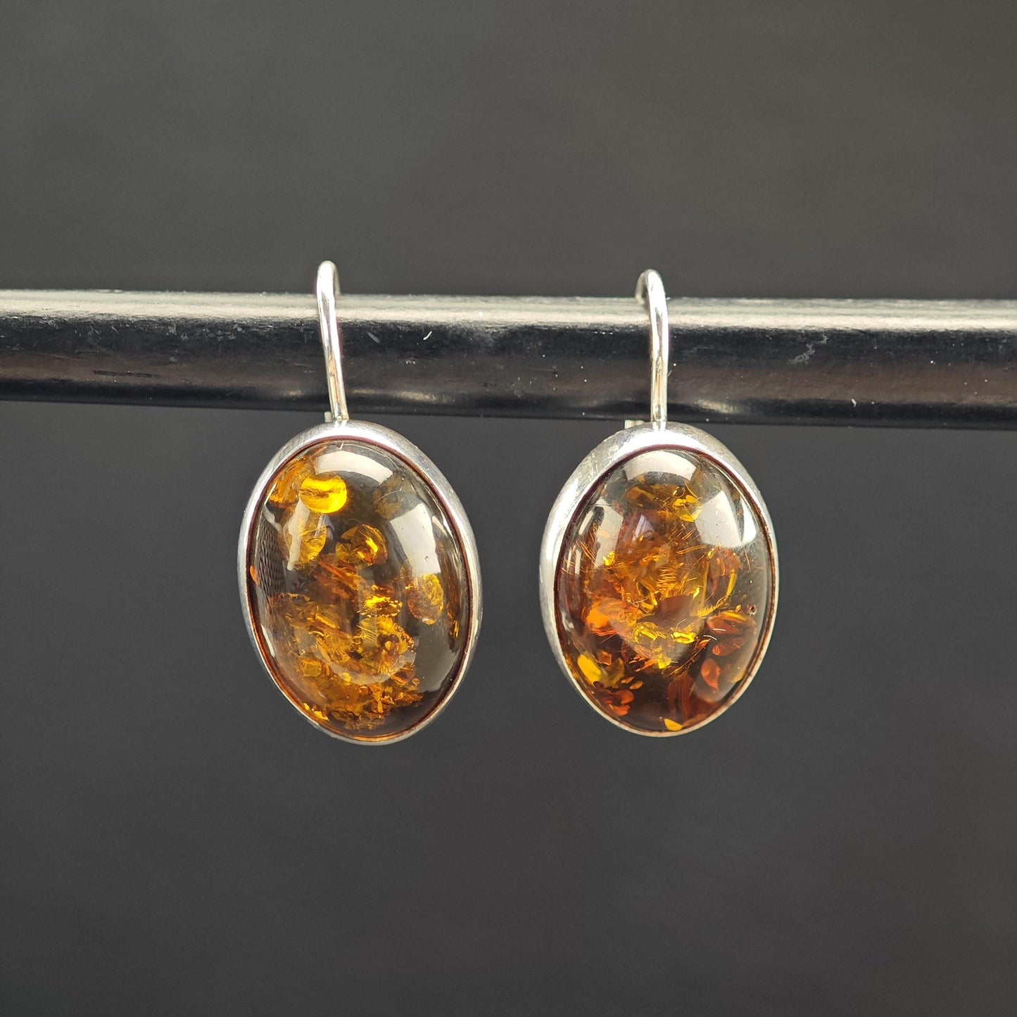 Vintage Brown Amber Oval, Fish Hook Earrings Sterling Silver