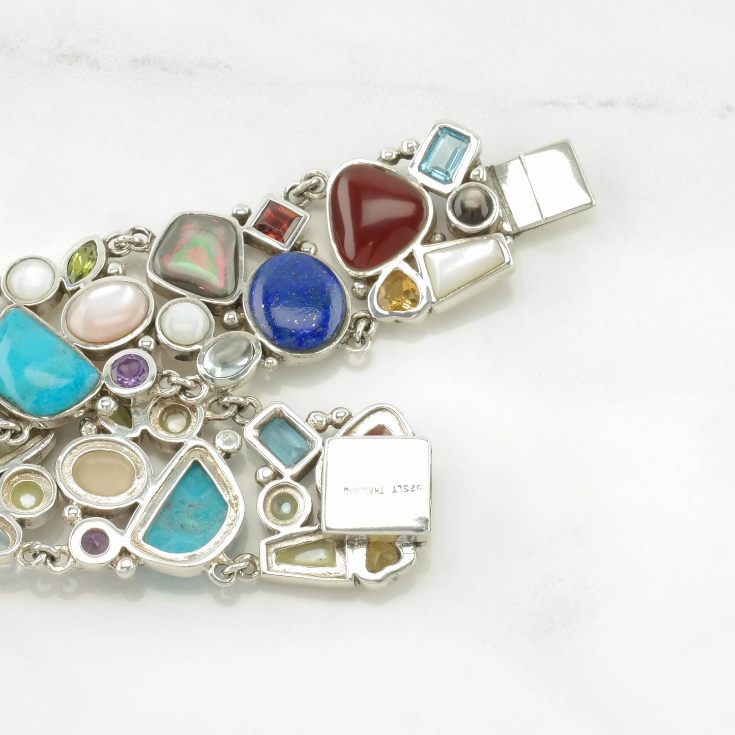 Vintage Sterling Silver Link/T-Bar Bracelet Multi Stone Cluster, Maximalist BR2564