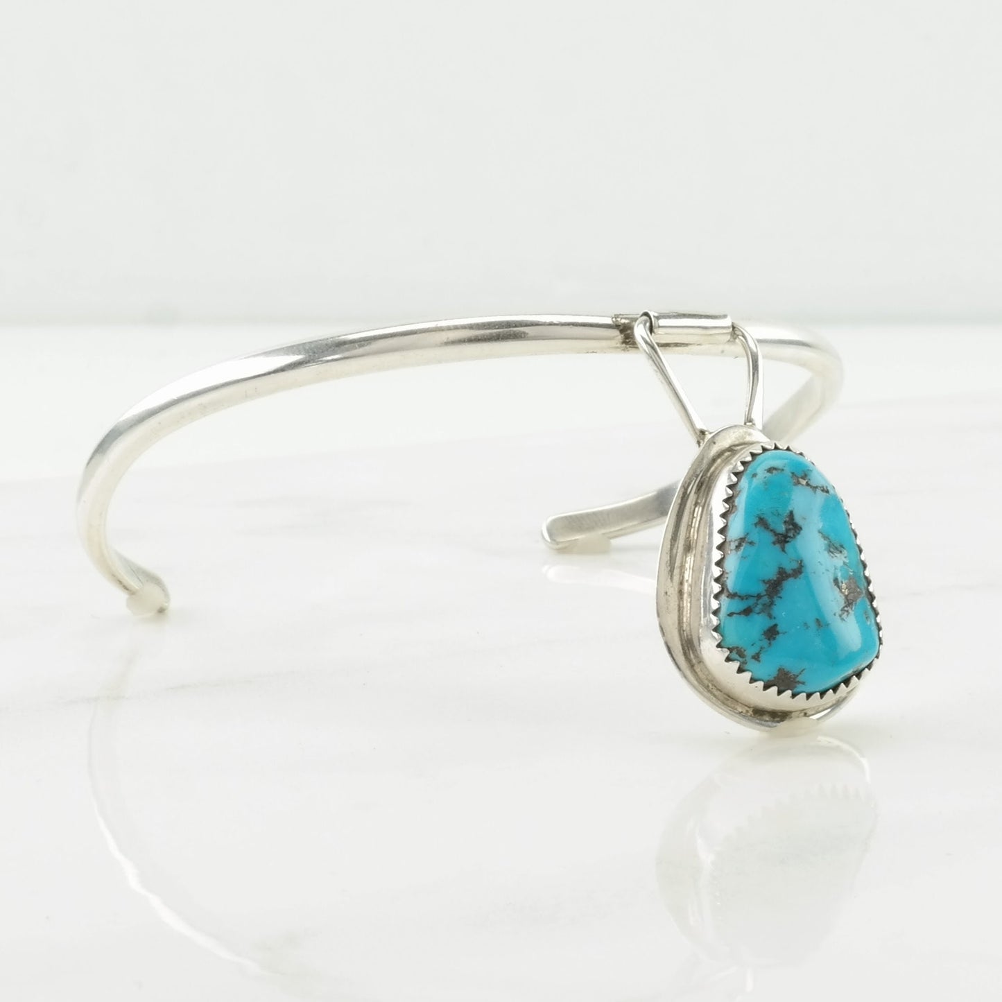 Vintage Southwest Sterling Silver Cuff Bracelet Blue Turquoise Hanging Pendant