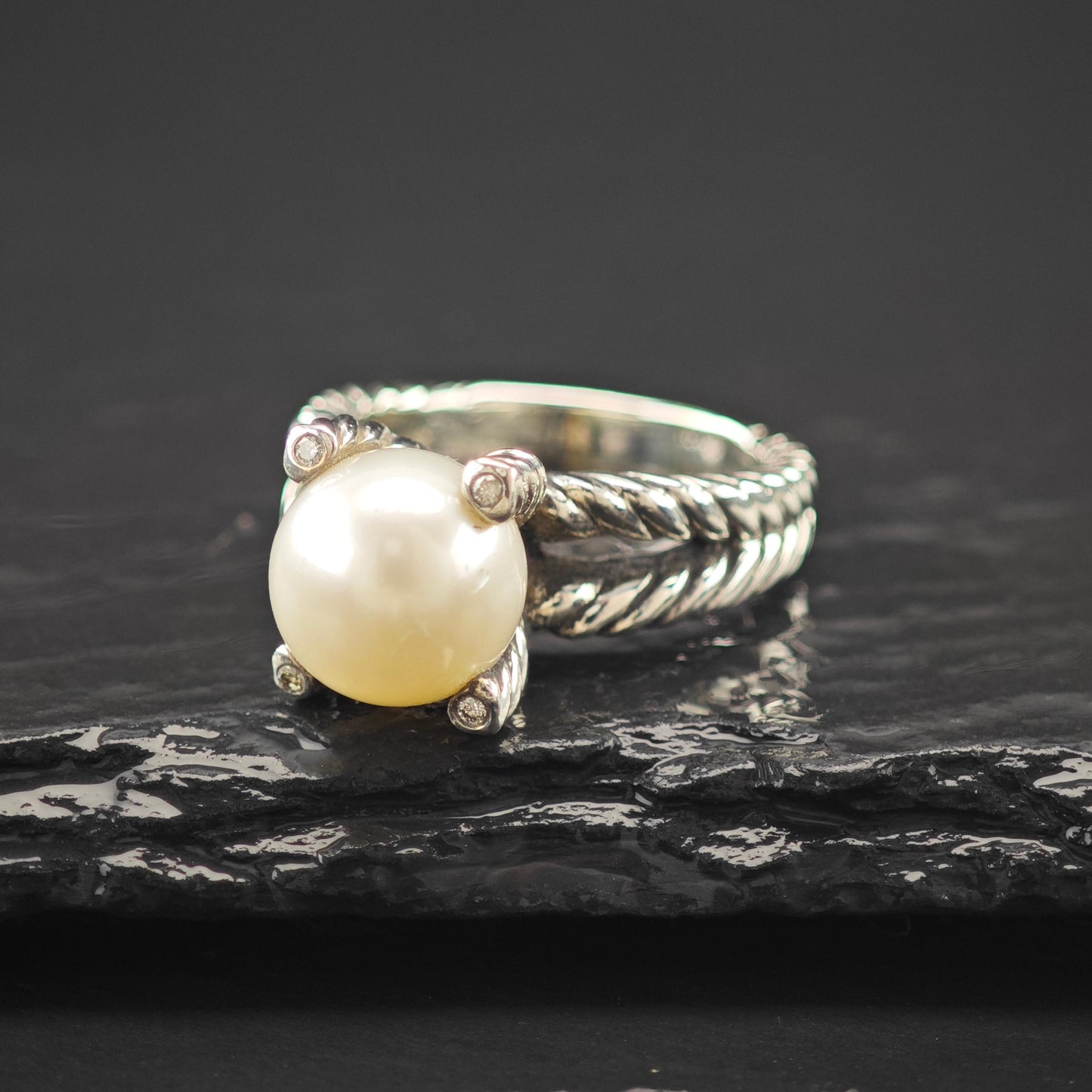 David Yurman 10mm Pearl Diamond Cable Ring Sterling Silver