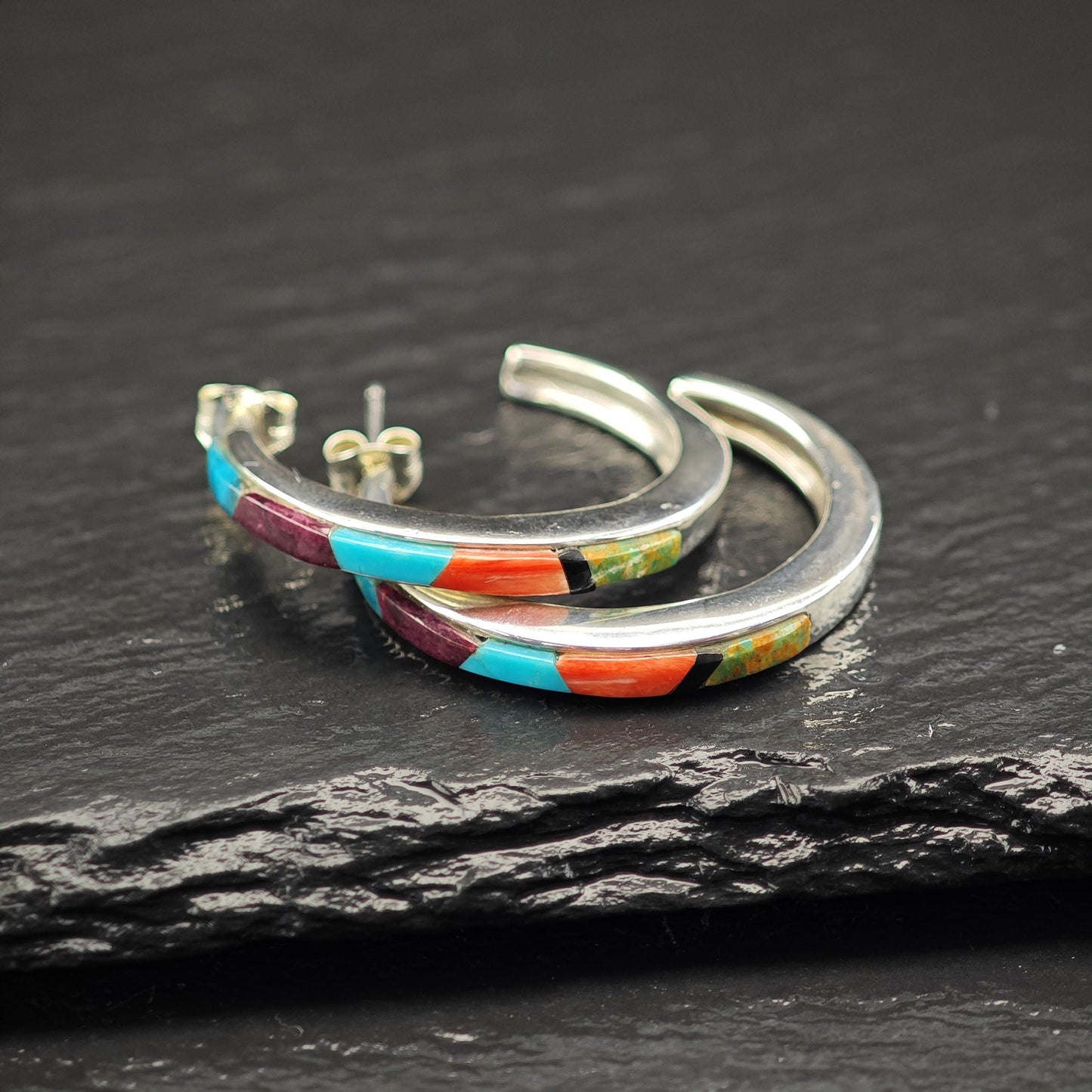 Southwest Turquoise, Coral Inlay Stud/Hoop Earrings Sterling Silver