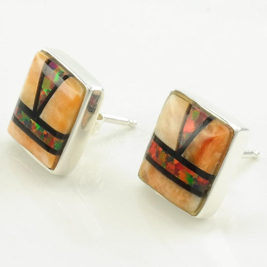 Sterling Silver Spiny Oyster, Onyx, Lab Opal Inlay Earrings Stud