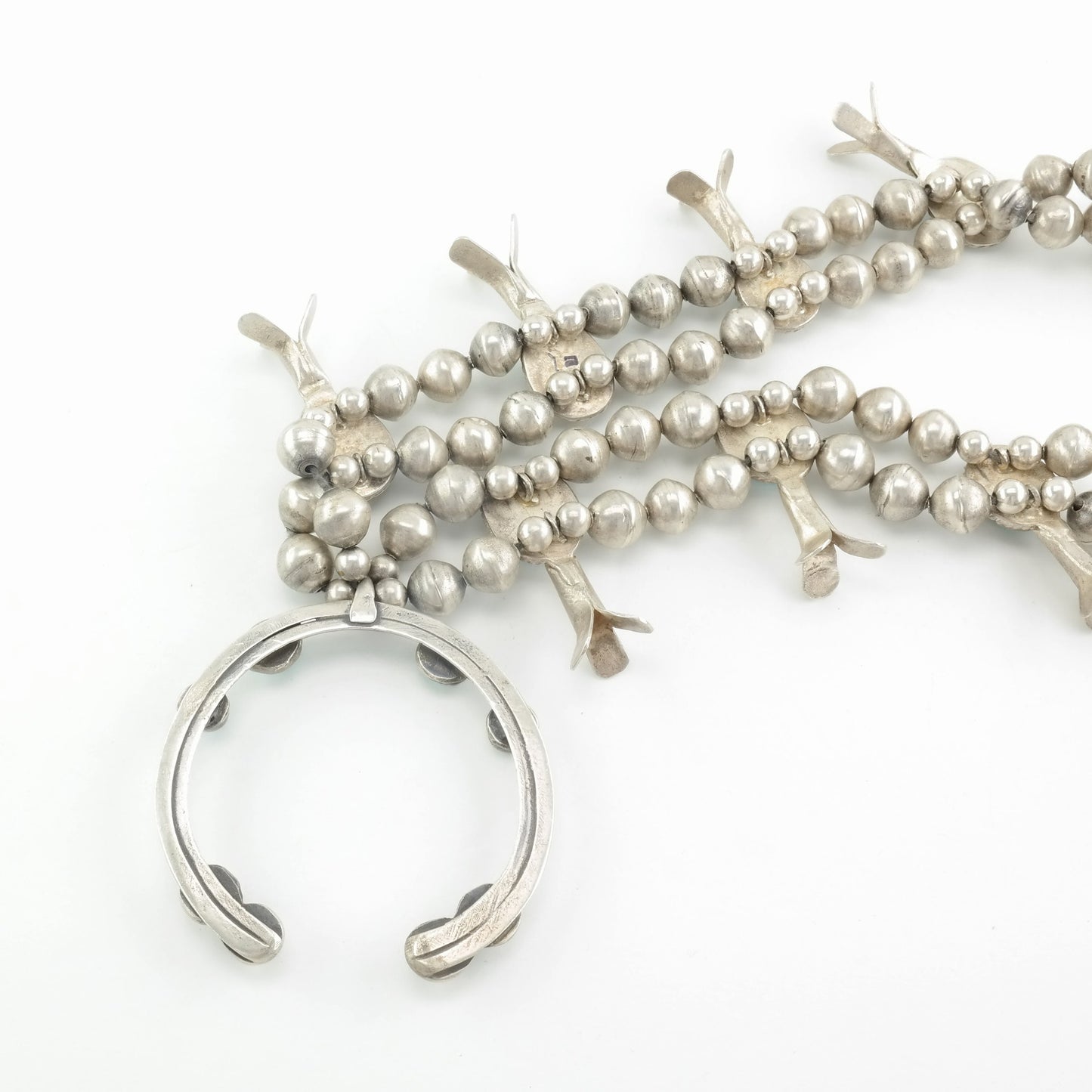 Antique Native American Sterling Silver Blue Turquoise Hand Made Beads Necklace Squash Blossom