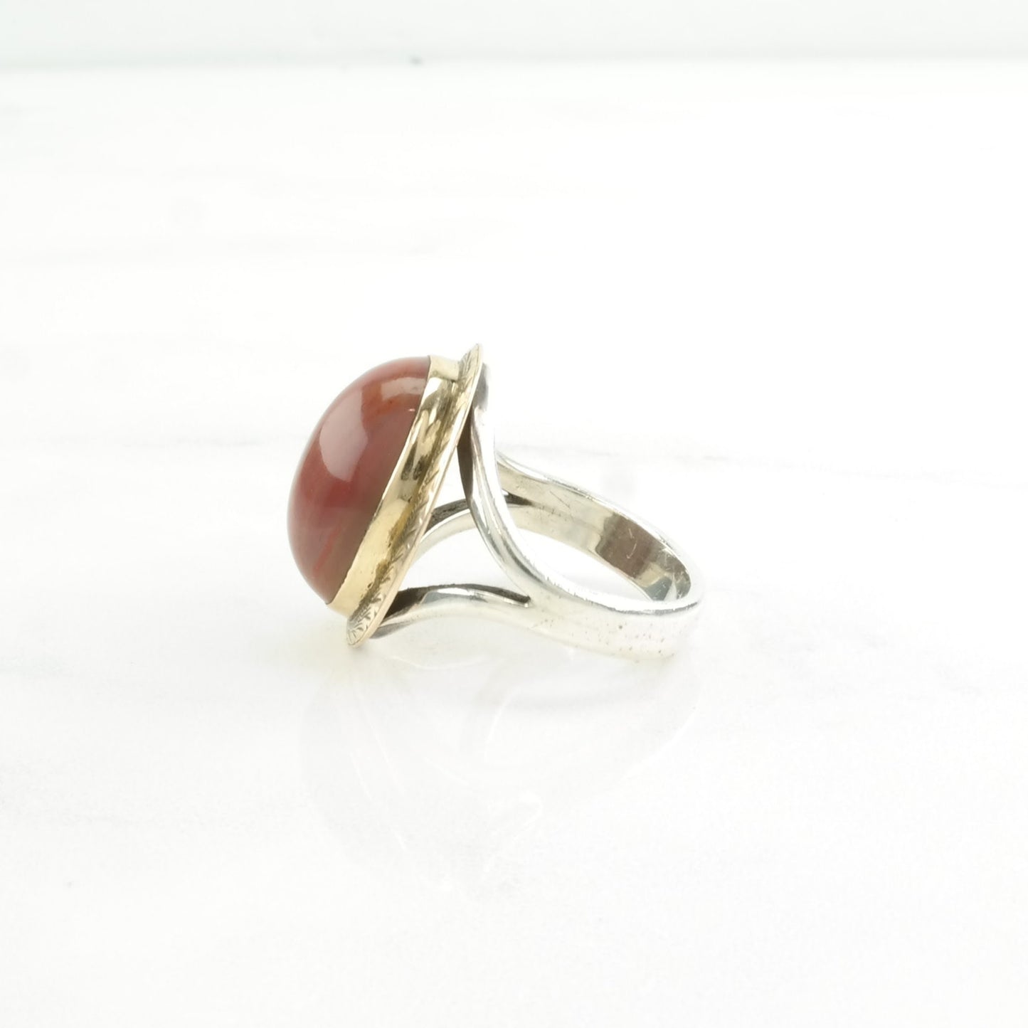 Vintage Sterling Silver Ring Agate Gold Toned Accents Red Size 7