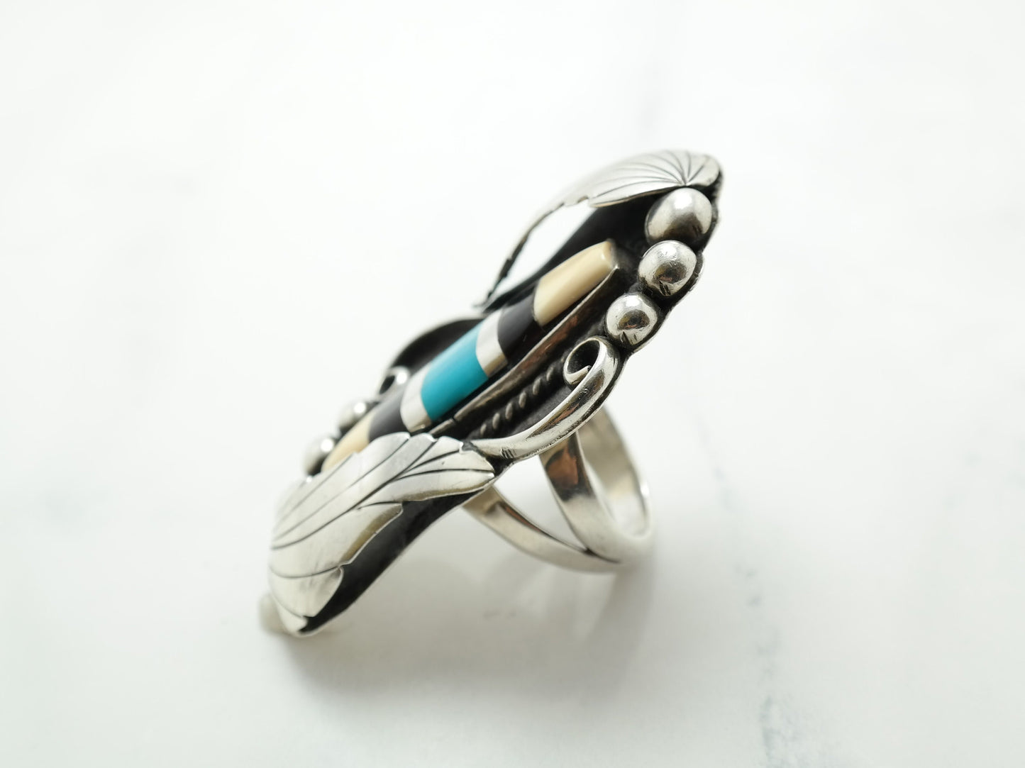 Vintage Navajo Ring Jet Turquoise Leaf Navette Sterling Silver Size 7 1/2