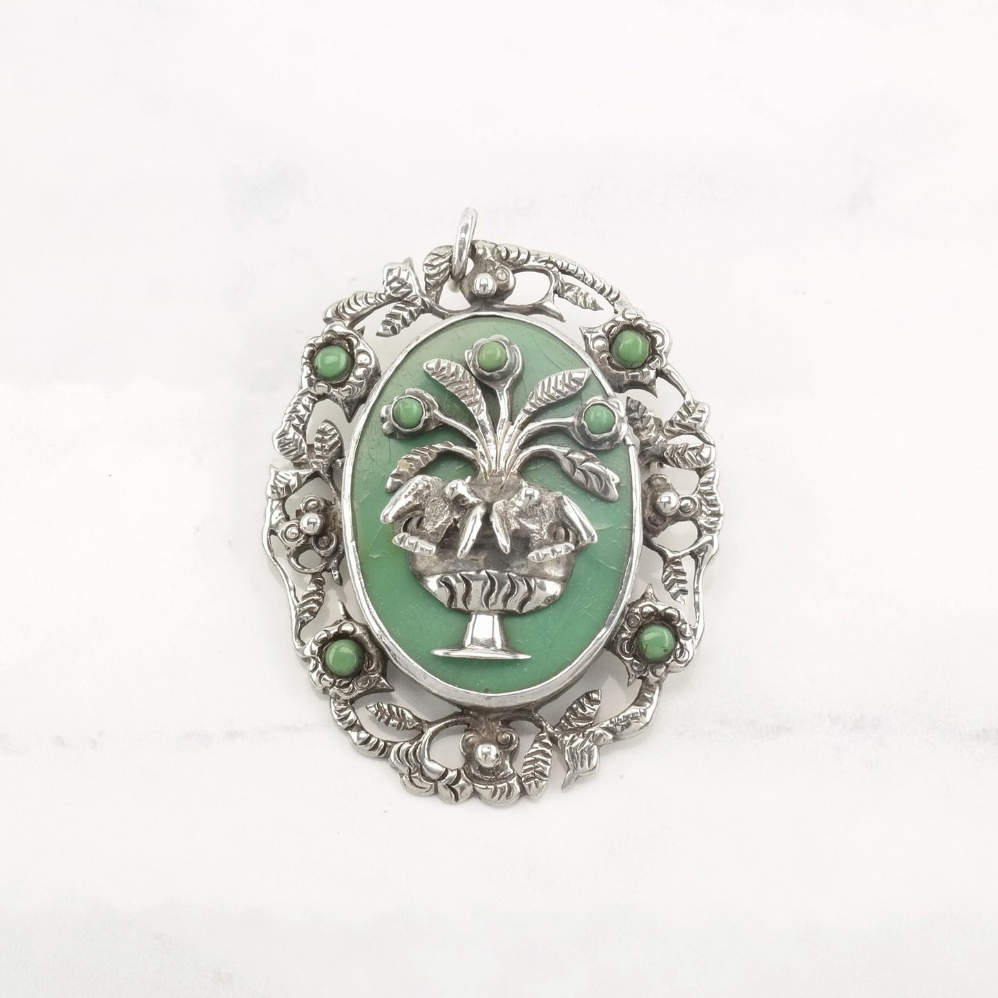 Pre Eagle Taxco Pendant Brooch Faux Turquoise Floral, Bird, Fountain Sterling Silver