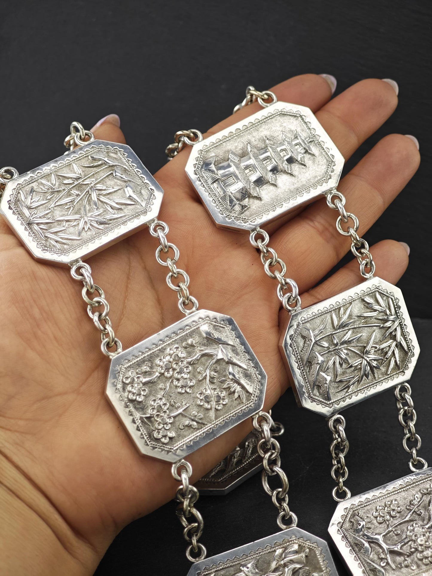 Antique Chinese Export Repousse Sterling Silver Belt Marked Hung Chong