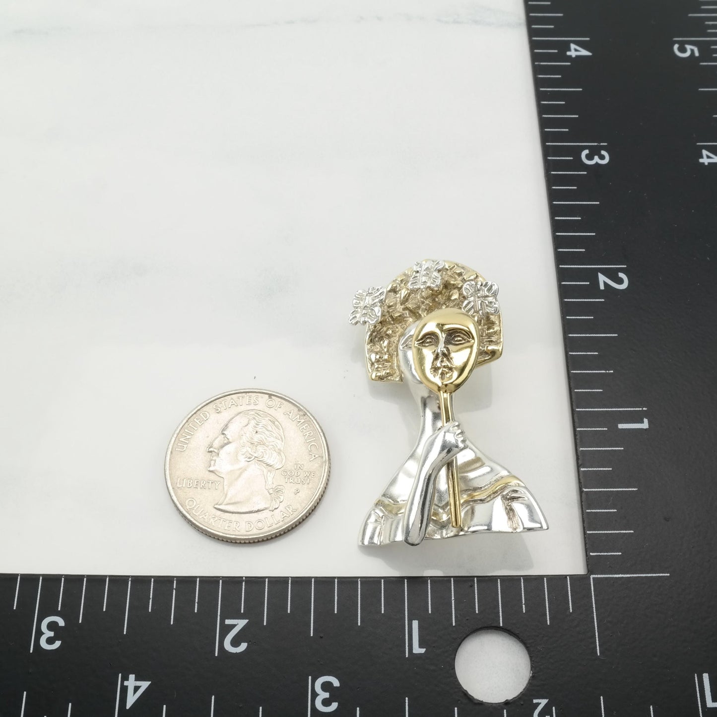 Sergio Bustamante Brooch Sterling Silver Female Mask Silver Gold Tone Madame Butterfly