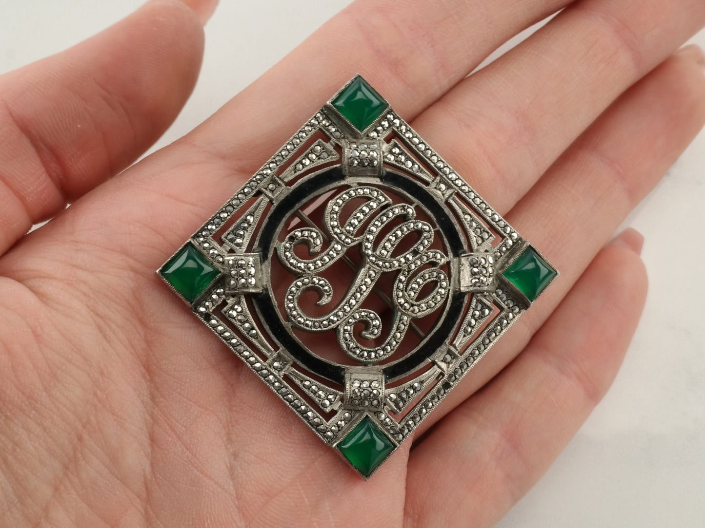 Art Deco Sterling Silver Brooch Marcasite Green Black Chrysoprase