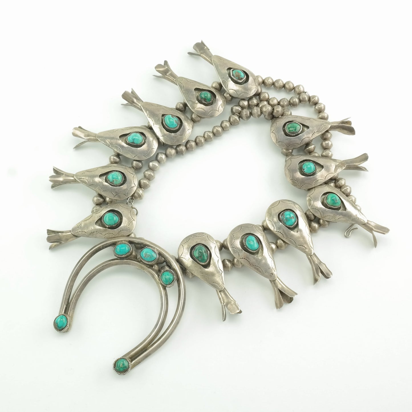 Vintage Native American Sterling Silver Turquoise Shadowbox, Stamped Necklace Squash Blossom