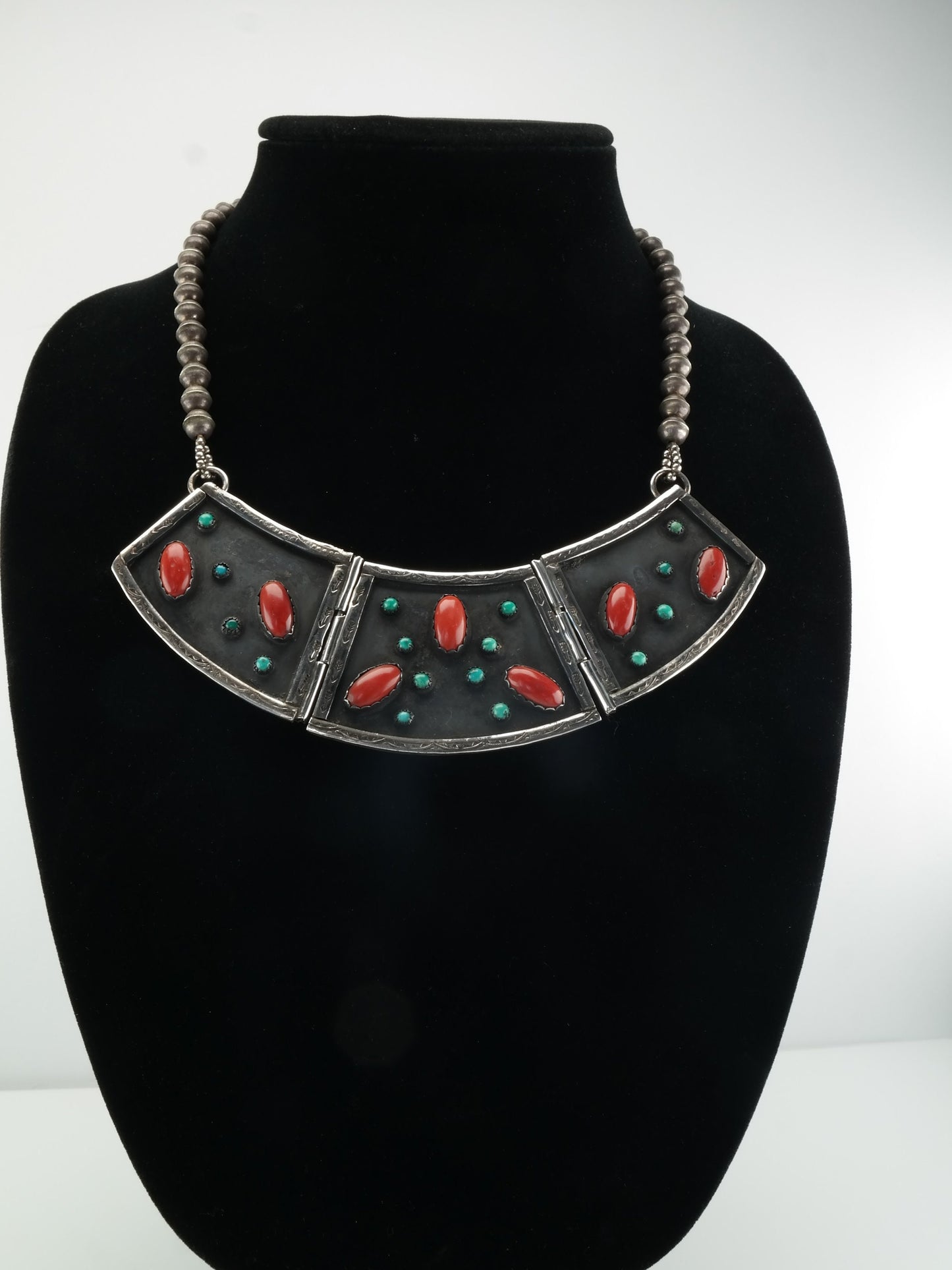 Native American Sterling Silver Turquoise Coral Plaque Cluster Necklace