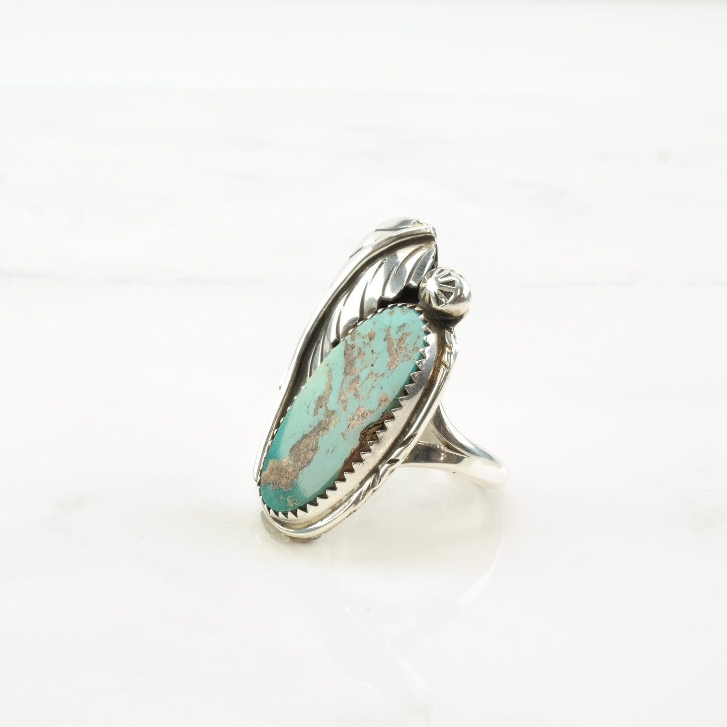Vintage Native American Silver Ring Royston Turquoise Leaf Flower Sterling Size 7 3/4