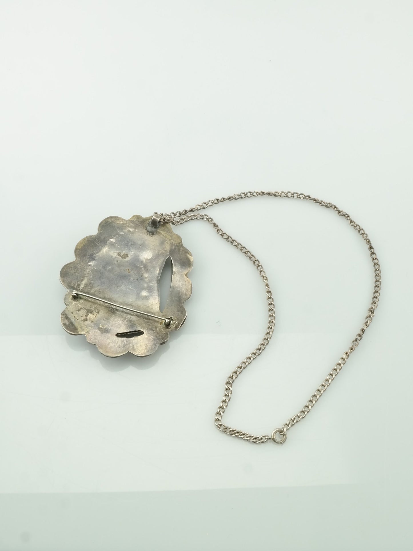 Vintage Native American Sterling Silver Blue Spiderweb Carved Turquoise Leaf Necklace