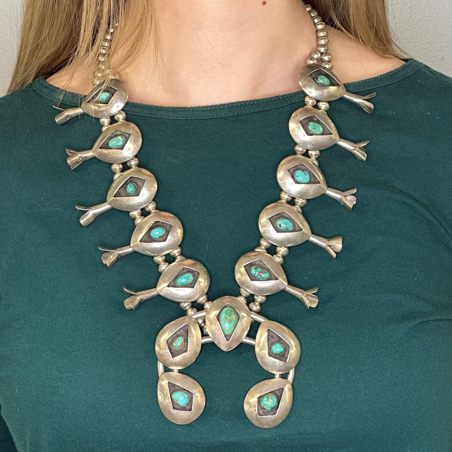 Vintage Native American Sterling Silver Royston Turquoise Shadowbox Squash Blossom Necklace