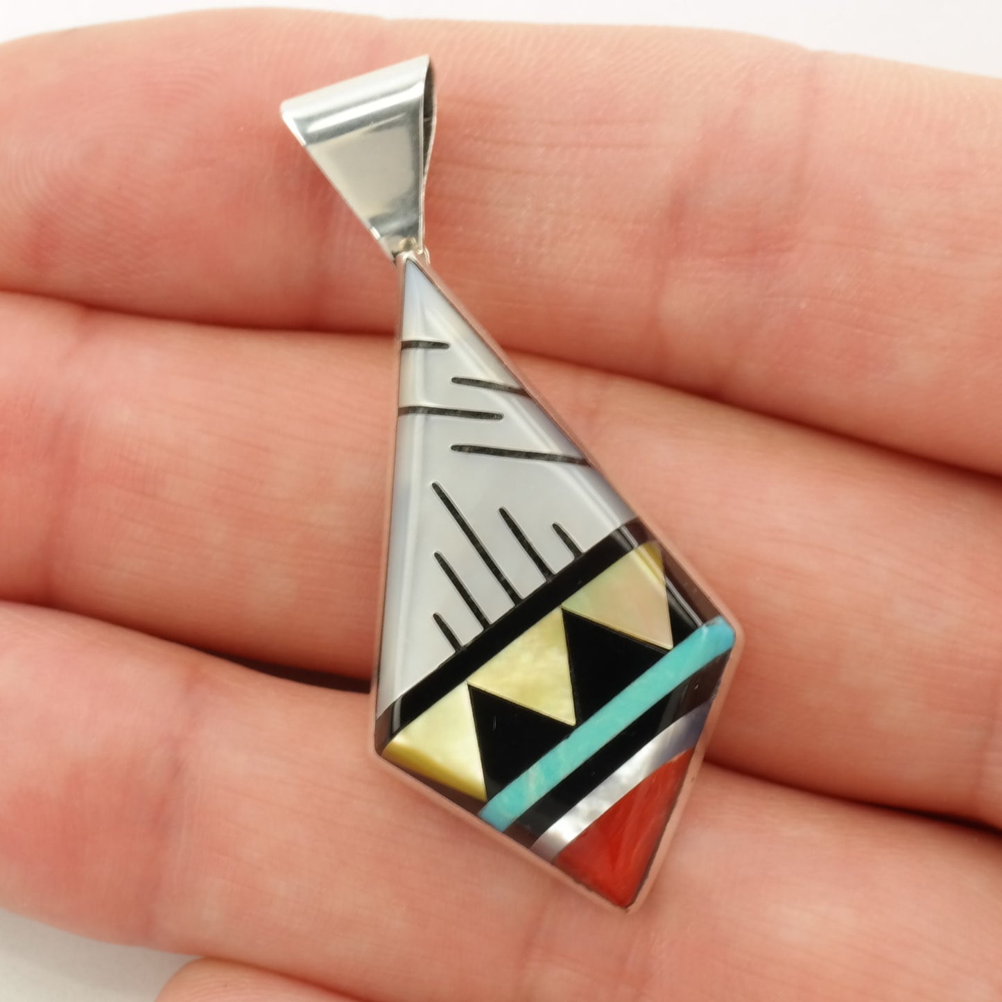 Vintage Zuni Multi Stone Inlay, Geometric Sterling Silver Pendant