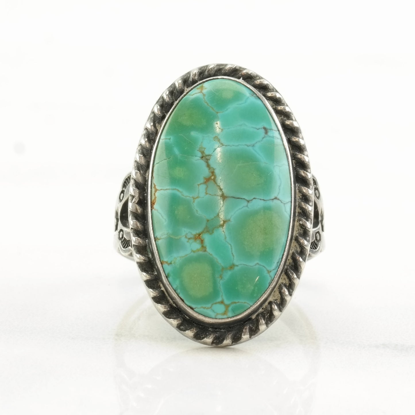 OOAK Native American Silver Ring Spiderweb Turquoise Stamped Sterling Size 7 1/2