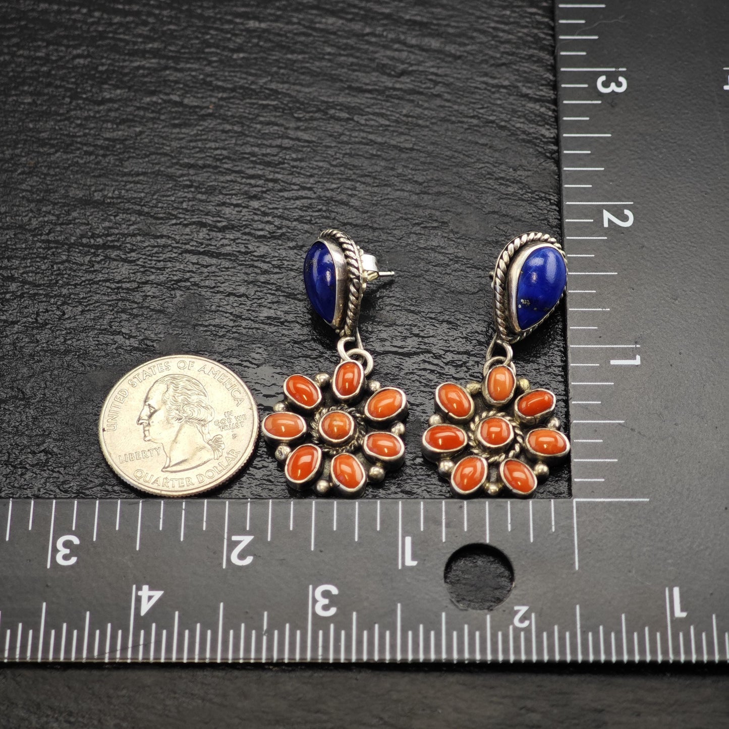 SW Lapis & Coral Floral Stud/Dangle Sterling Silver Earrings ER3170