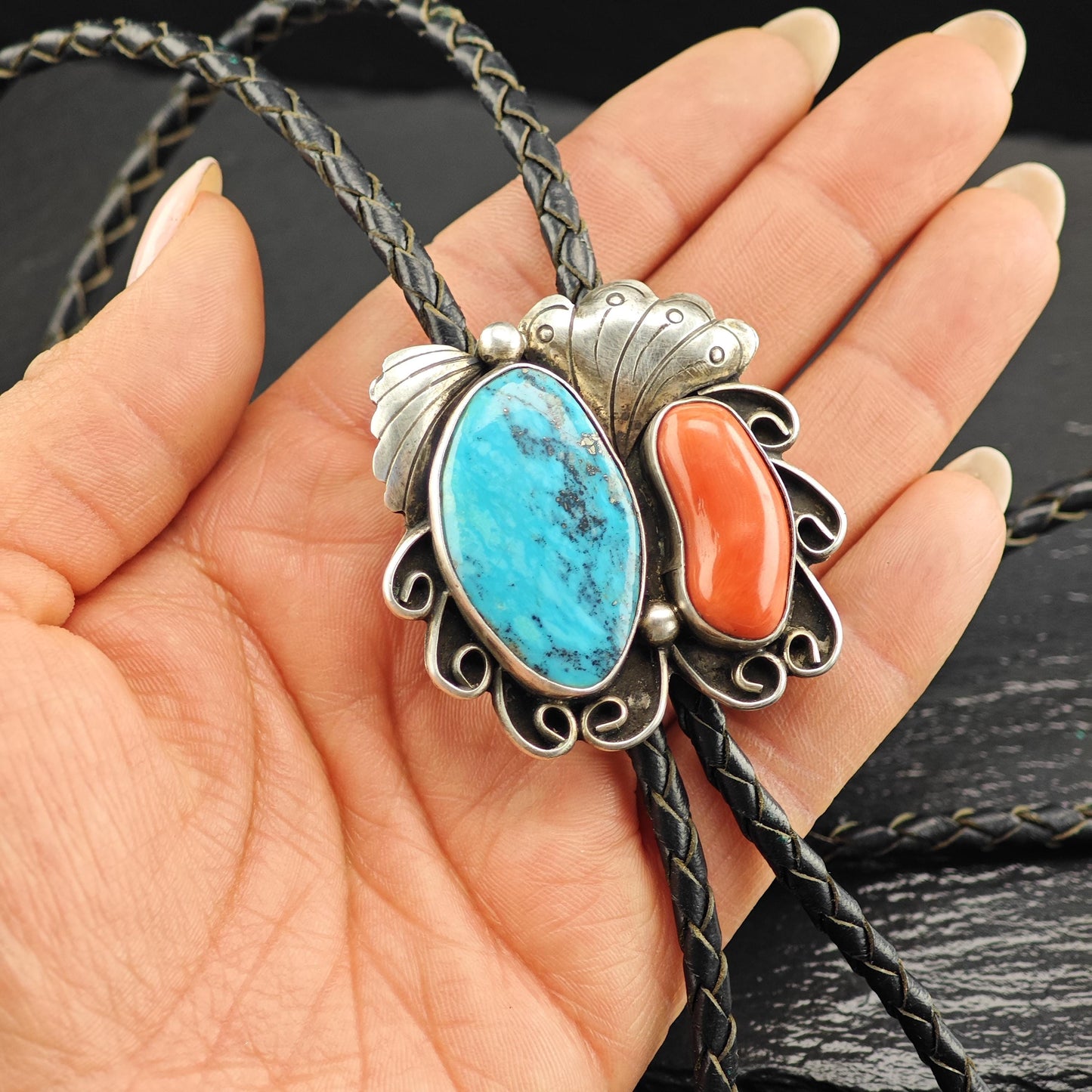 Native American Bolo Tie Necklace with Blue Turquoise, Red Coral Floral Design Sterling Silver