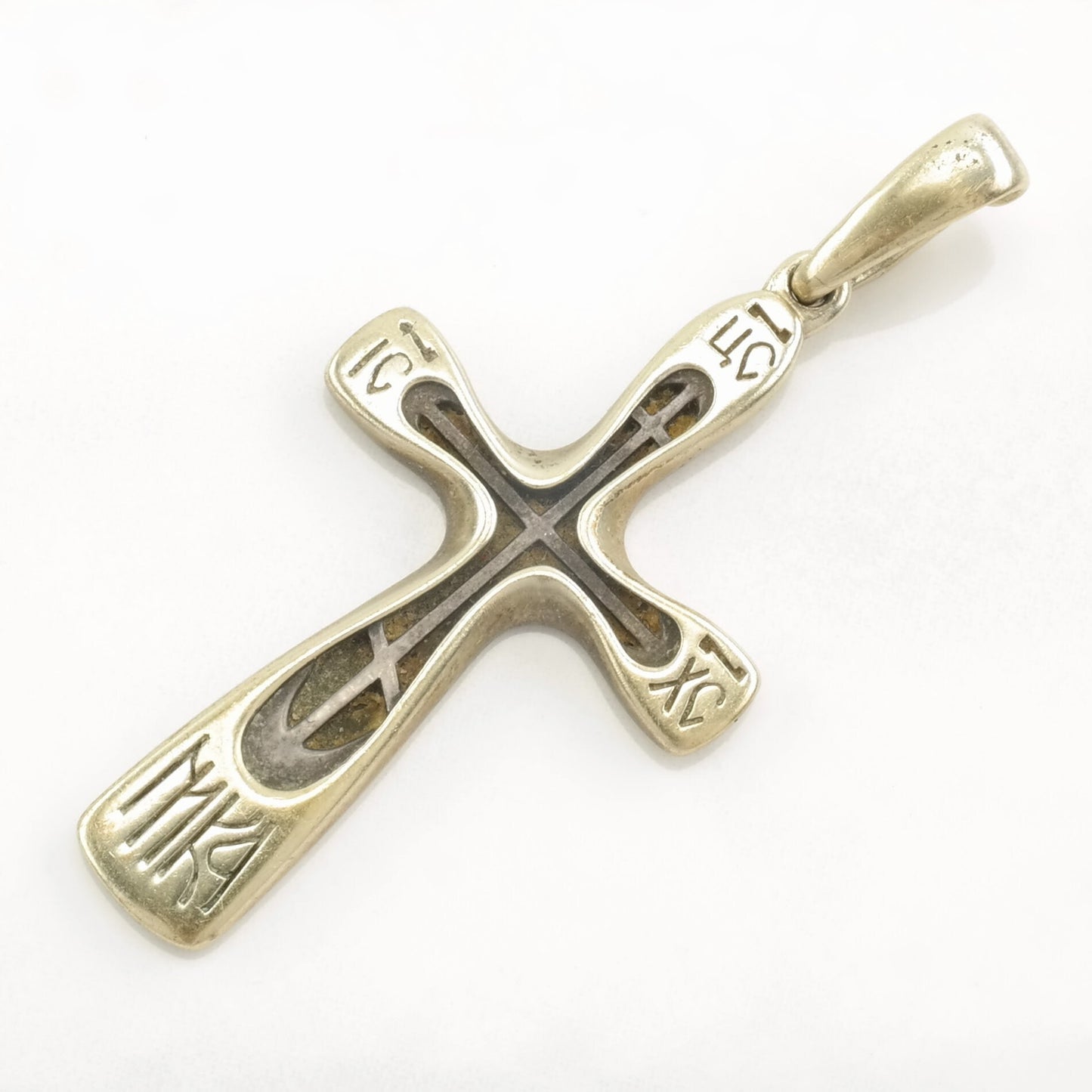 Russian Golgotha Cross Reversible, Gold Hue Sterling Silver Pendant