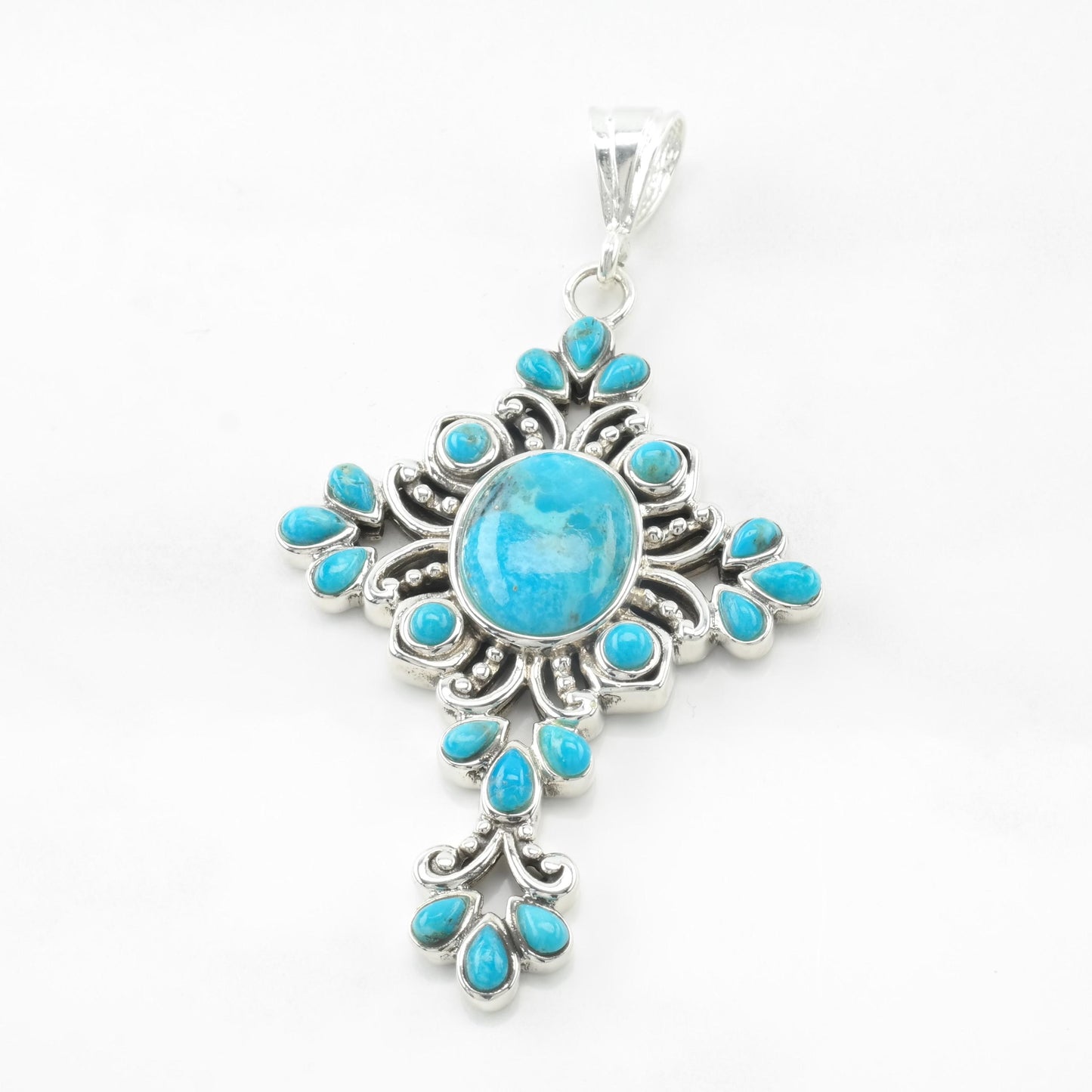 Vintage BBJ Reconstituted Turquoise Cross Sterling Silver Pendant
