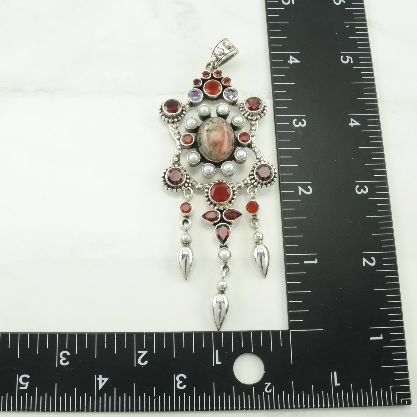 Vintage Nicky Butler Rhodonite, Garnet, Carnelian Large, Cluster Sterling Silver Pendant