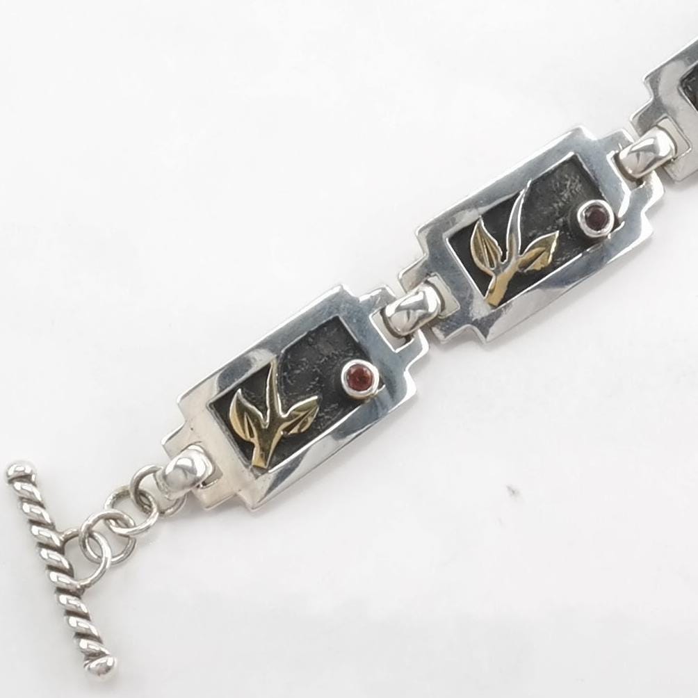 Vintage Garnet Bracelet Sterling Silver Red Gold Toned Accents, Leaf