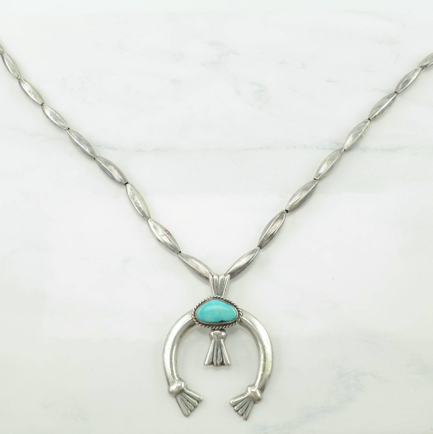 Vintage Native American Sterling Silver Blue Turquoise Sandcast, Naja Necklace