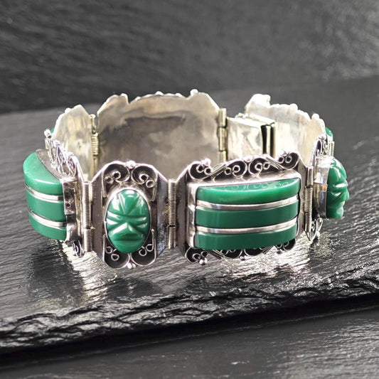 Mexico Green Onyx, Mask Panels Bracelet Sterling Silver