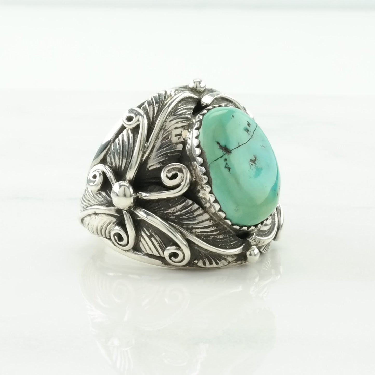 Vintage Native American Silver Ring Turquoise Leaf Sterling Blue Size 10