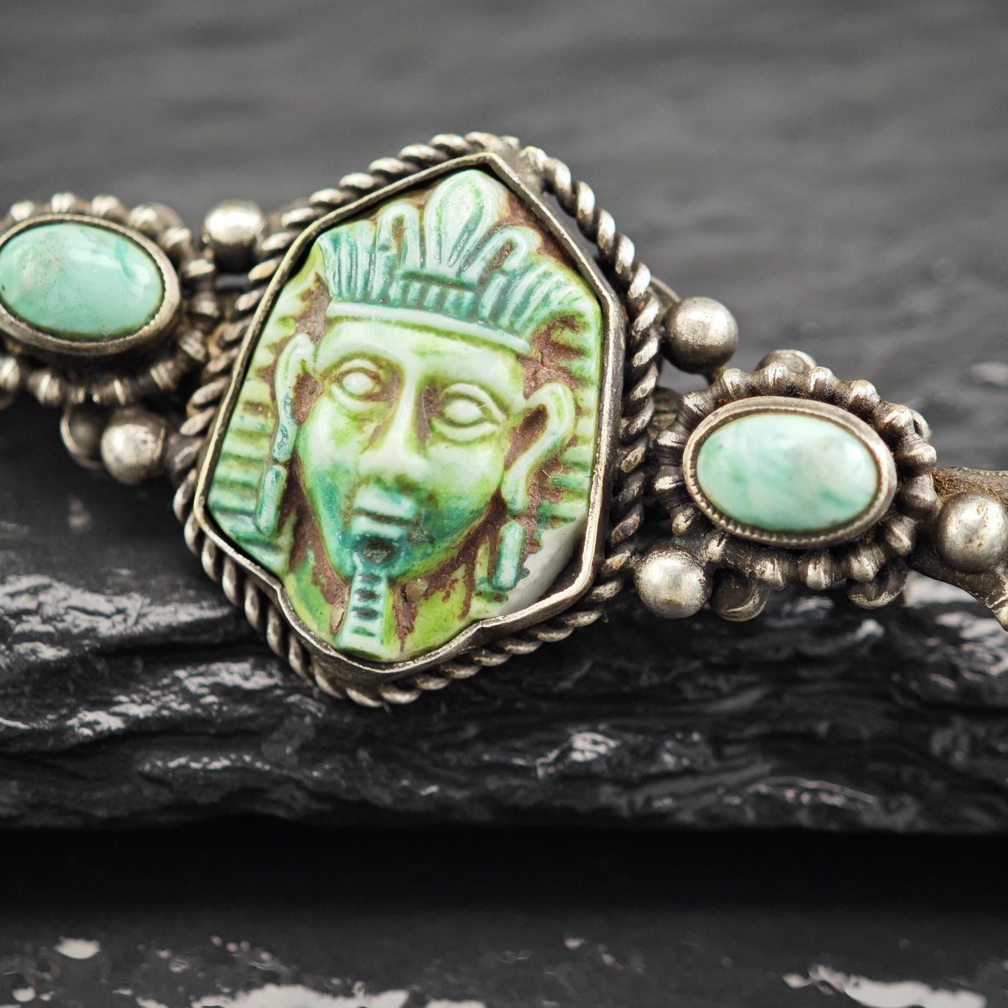 Egyptian Revival Green Turquoise Sterling Silver Brooch