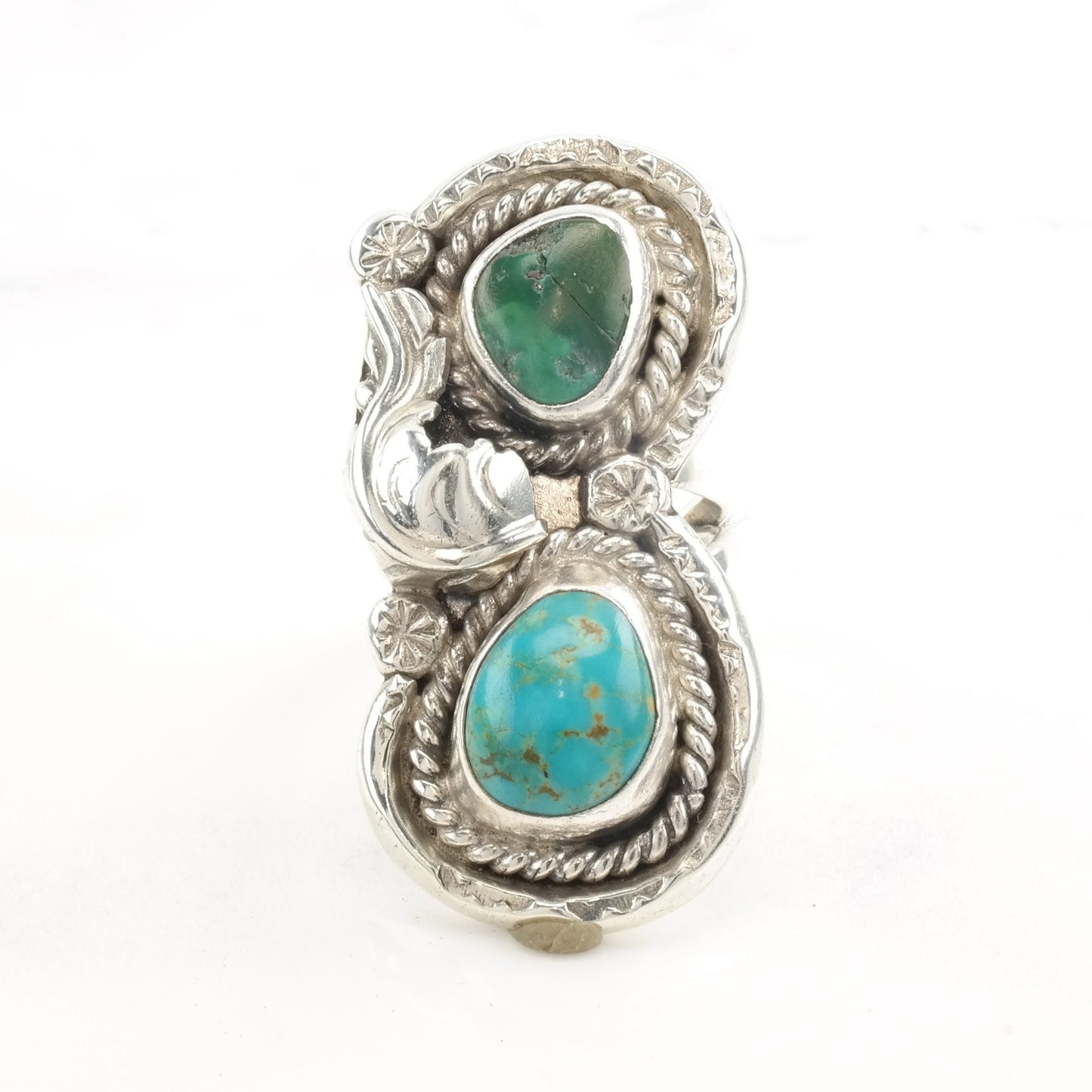 Vintage Native American Silver Ring Two Turquoise Leaf Size 6 3/4