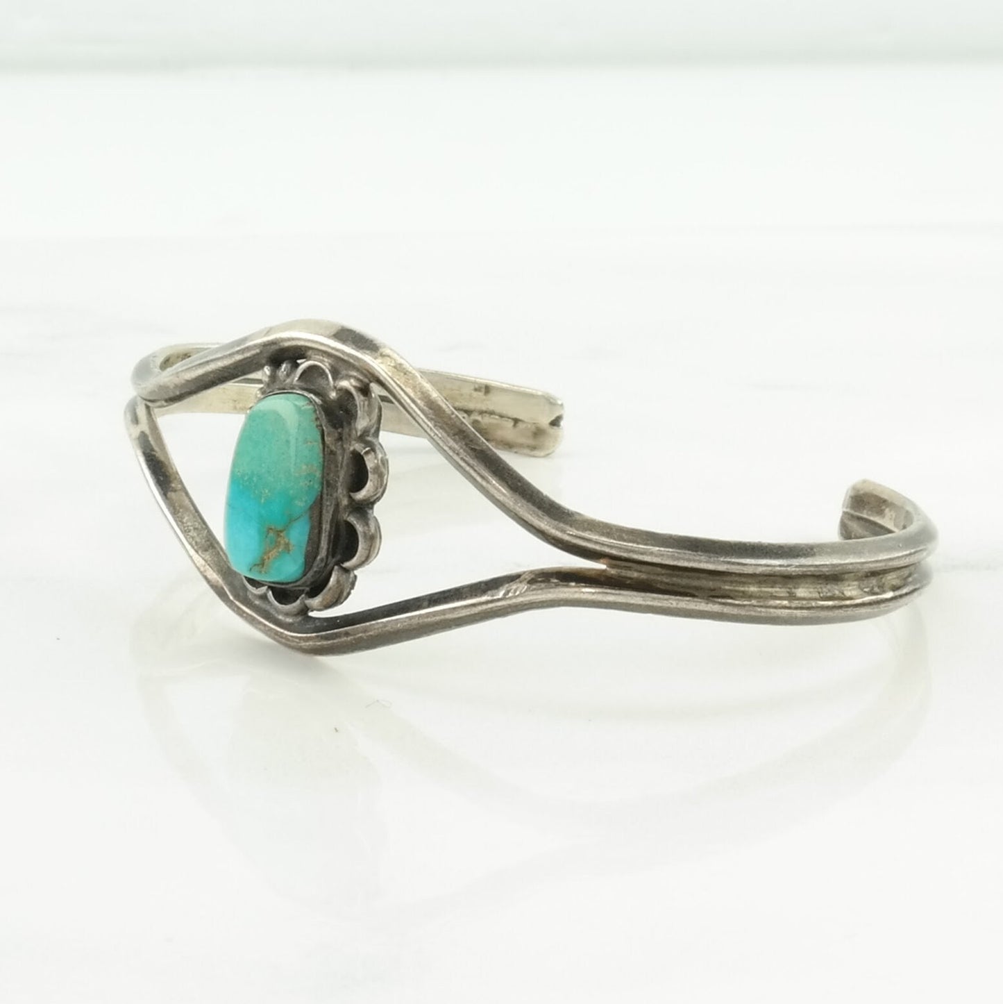 Vintage Southwest Sterling Silver Cuff Bracelet Blue Turquoise Floral