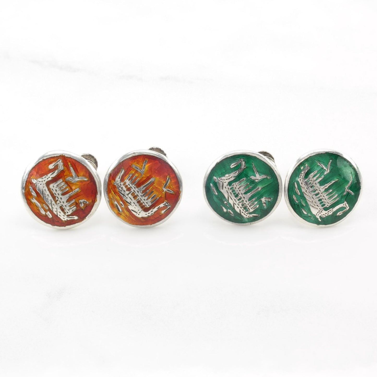 Vintage Sterling Silver Green Orange Niello Siam Screw Back Earrings Enamel ER2747