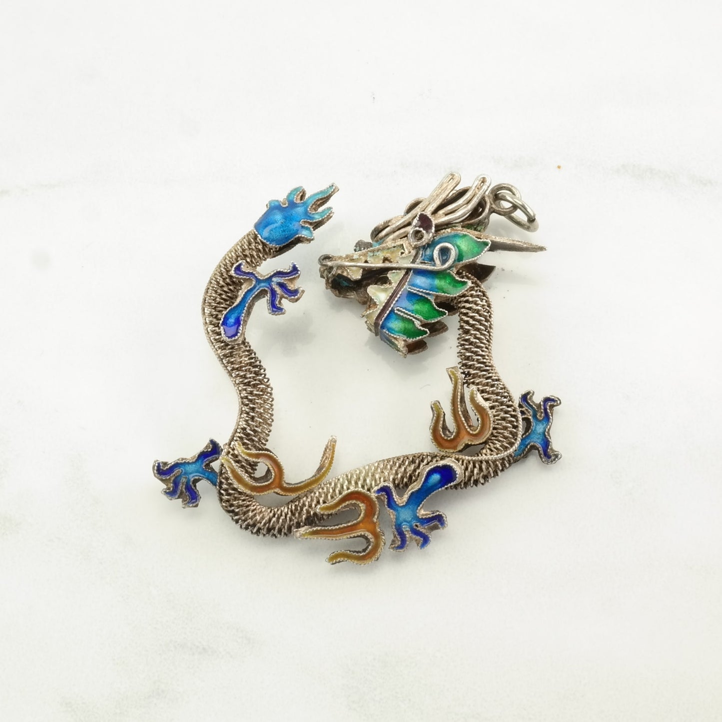 Vintage Chinese Export Enamel Dragon Sterling Silver Pendant