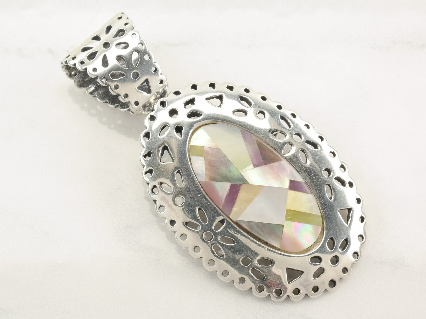 Vintage Relios MOP Inlay, Floral, Detachable Bail Sterling Silver Pendant