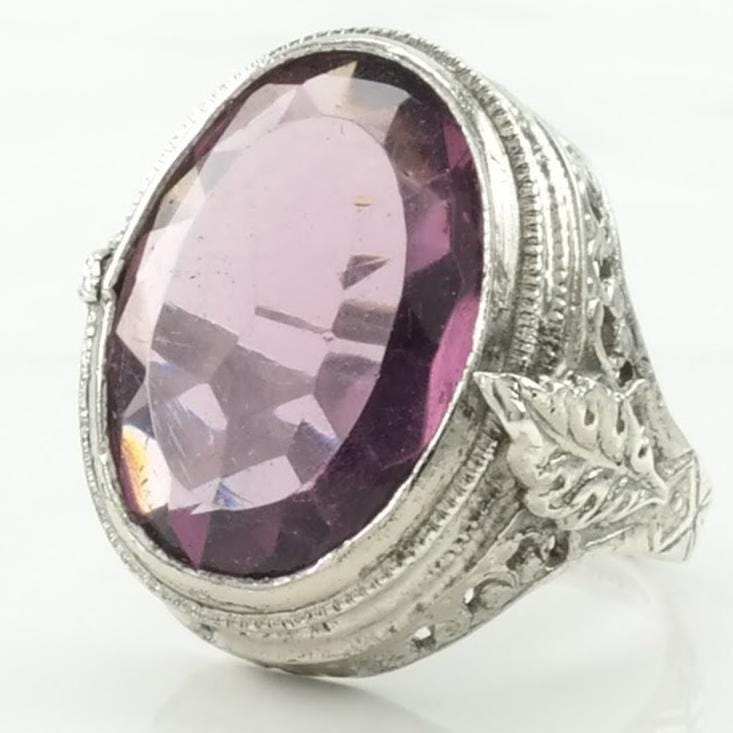 Vintage Art Deco Revival Silver Ring Amethyst Filigree Sterling Purple Size 5 1/2