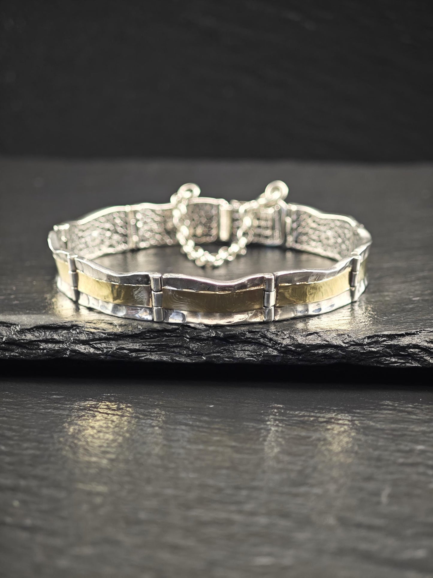 Vintage Two Tone Hammered Bracelet 14k Gold Sterling Silver