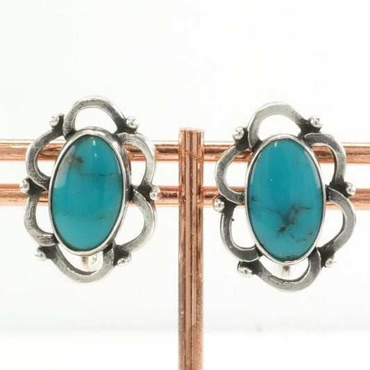 Vintage Sterling Silver Screw back Earrings Fred Harvey Era Blue Block Created Turquoise Floral